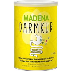 Gelbe Dose mit Aufschrift "MADENA Darmkur" und einem stilisierten Verdauungstrakt.